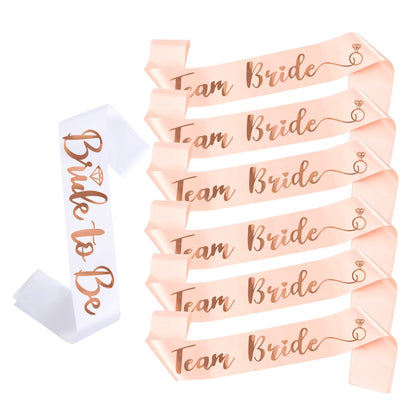 Set of 'Team Bride' sashes with a 'Bride to Be' sash on a white background