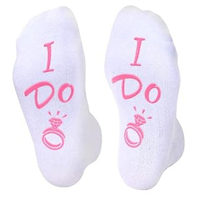 White socks with 'I Do' text and ring graphic on a white background