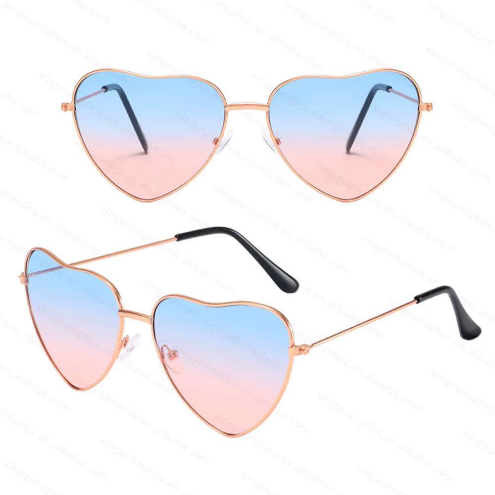 Heart-shaped sunglasses with gradient lenses on a white background
