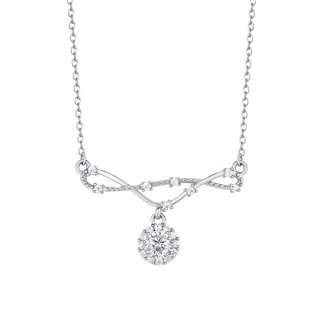 Silver necklace with a moissanite pendant on a white background