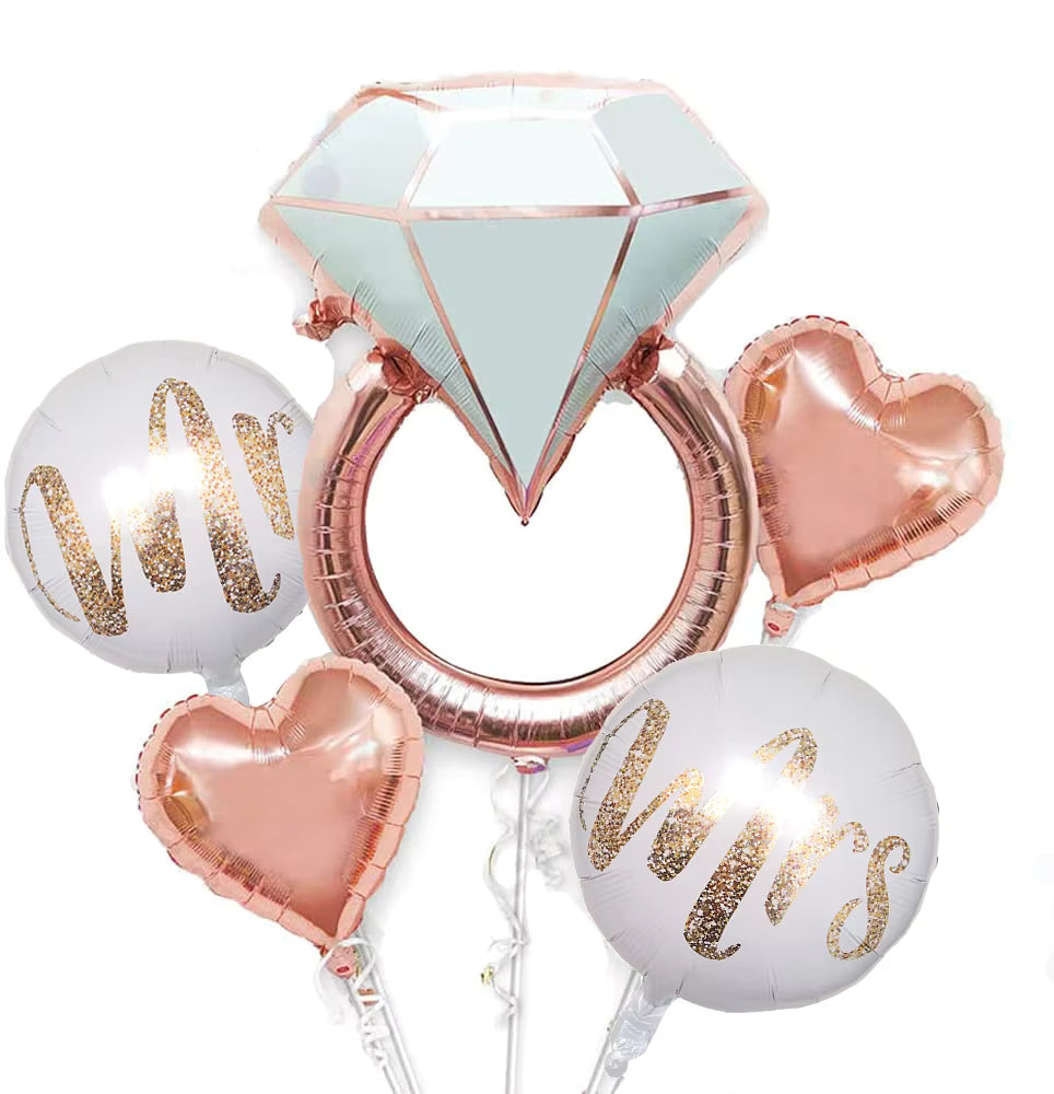 Decorative balloons including a diamond-shaped balloon, heart-shaped balloons, 'Mr' and 'Mrs.' balloons on a white background.