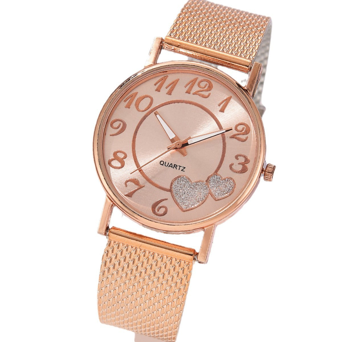 Rose gold watch with heart design on a white background