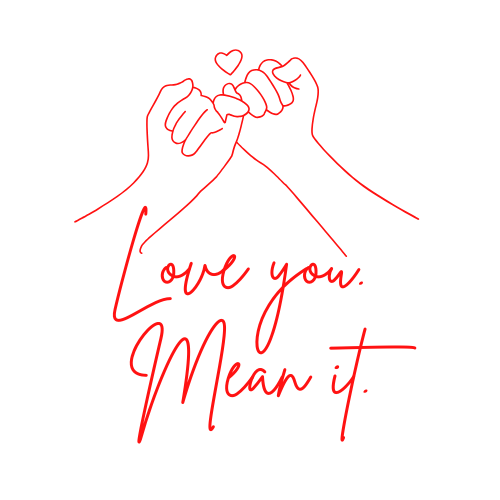 Gift Bag - Red outline of two hands holding each other with 'Love you. Mean it.' text on a white background