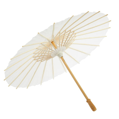 White paper parasol with wooden handle on a white background