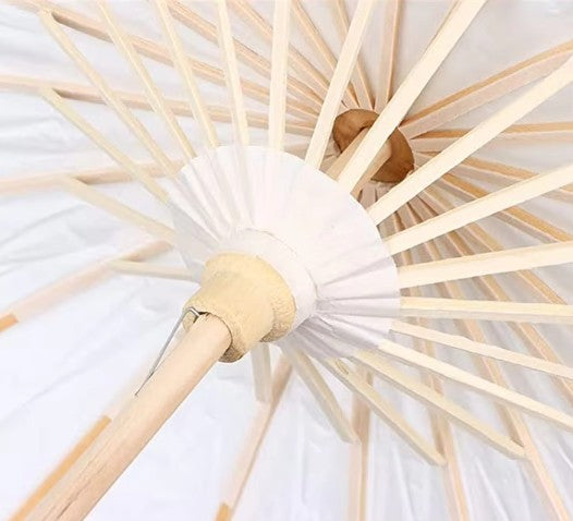 Close-up of a white paper umbrella with wooden handle and ribs on a white background