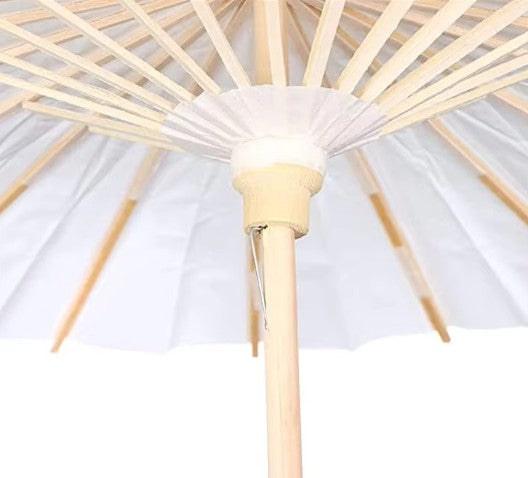 Close-up of a traditional Japanese paper umbrella with a white canopy and wooden frame.