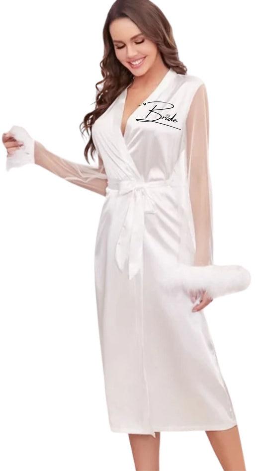 Feather-Sleeved Satin Robe
