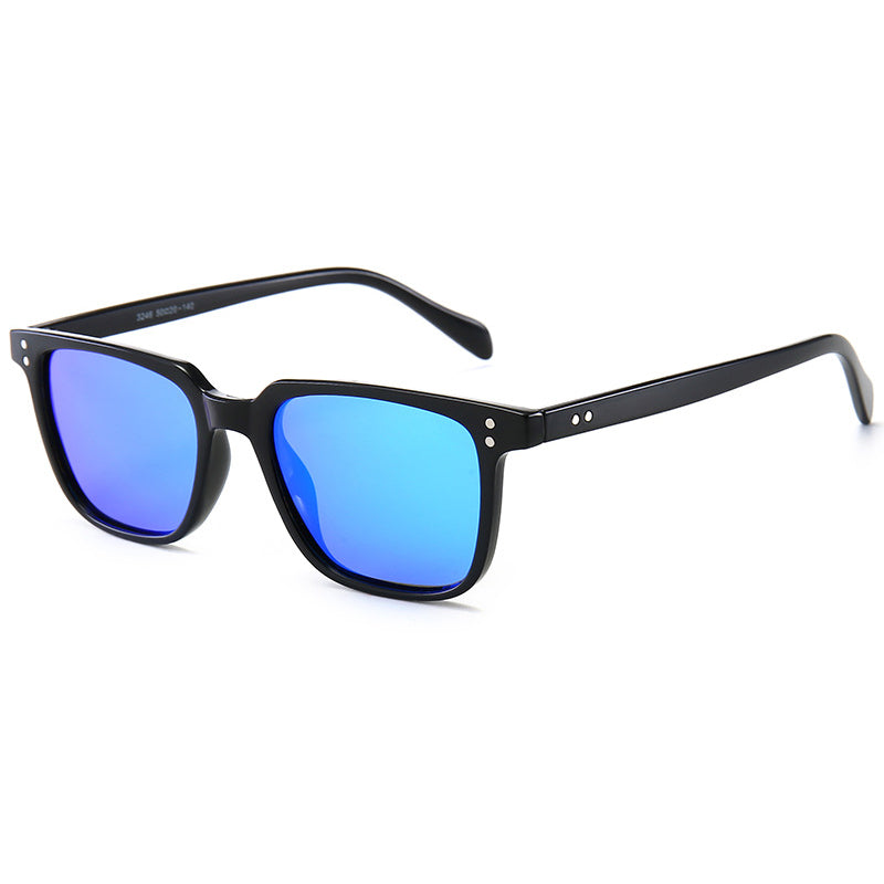 Black-framed sunglasses with blue lenses on a white background