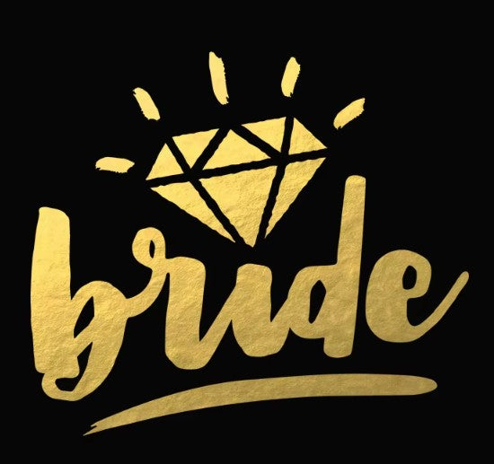 Gold 'bride' temporary tattoo with a diamond symbol on a black background