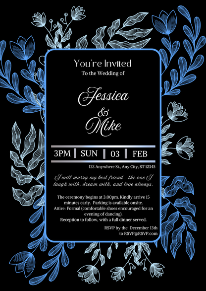 Wedding invitation card with floral design on a black background