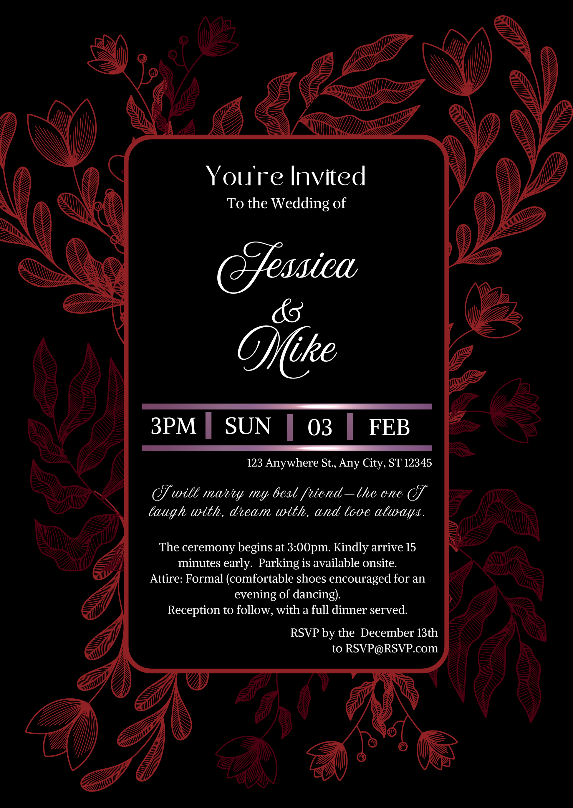 Wedding invitation card with floral design on a black background
