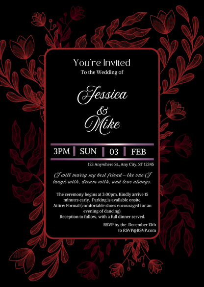 Wedding invitation card with floral design on a black background