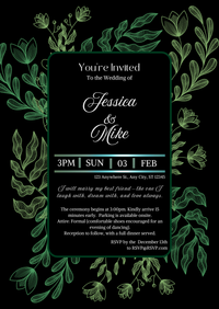 Wedding invitation card with green leaf decorations on a black background
