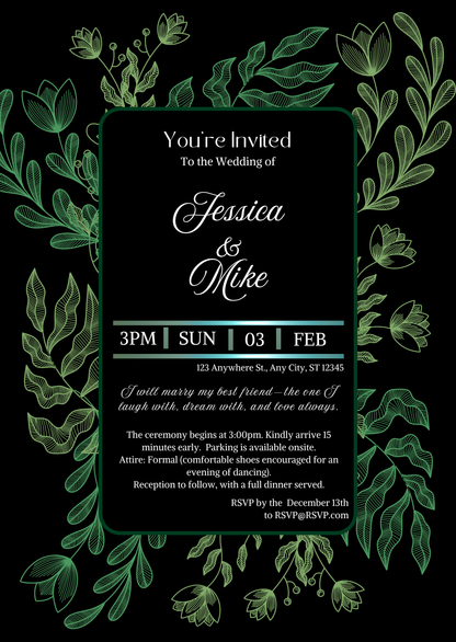 Wedding invitation card with green leaf decorations on a black background