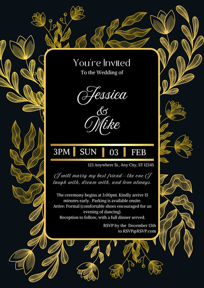 Editable Download of Wedding invitation card with gold floral decorations on a black background