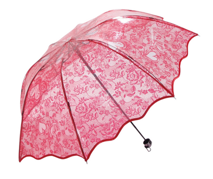 red floral lace umbrella on a white background