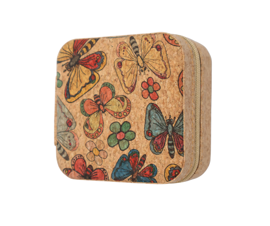 Square cork jewellery box with butterfly and flower design on a white background