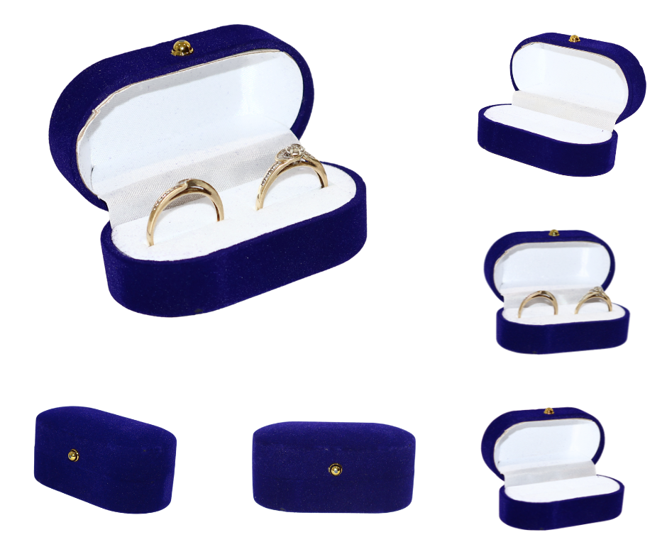 Showcase of a Blue velvet double ring box with gold rings inside on a white background