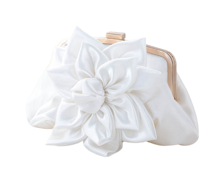 White clutch bag with a large flower detail on a white background