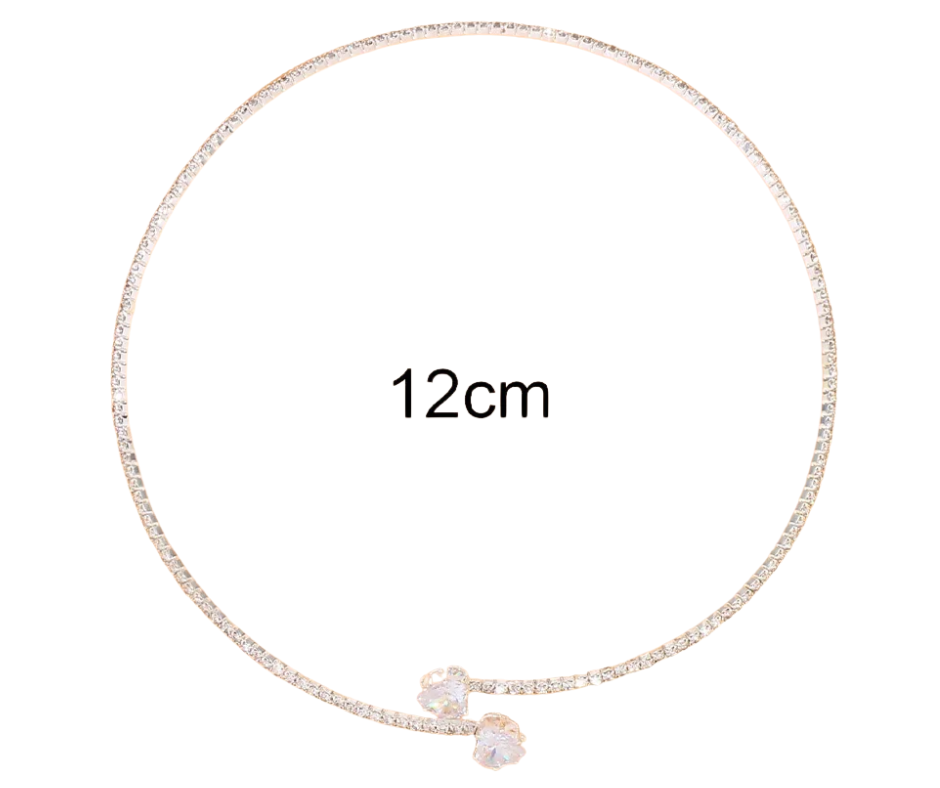 silver choker with heart stones on a white background, labelled '12cm'.