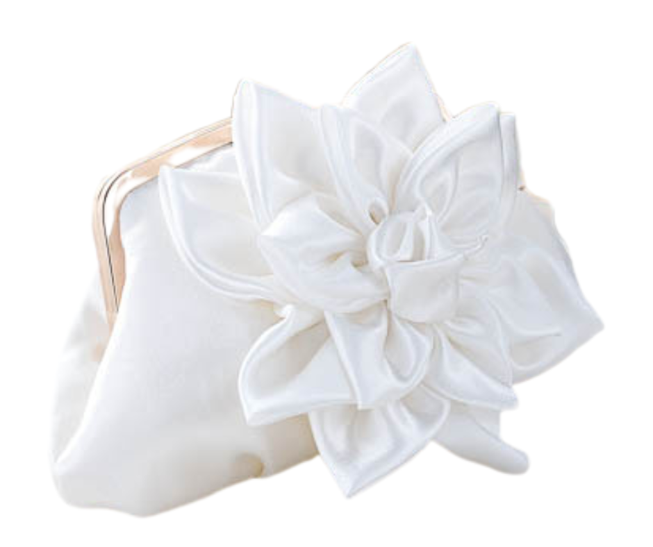 White satin bridal clutch with a large flower design on a white background