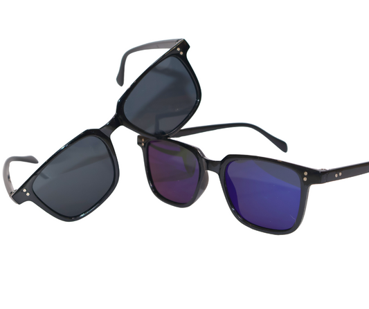 Two pairs of sunglasses with black frames and reflective lenses on a white background