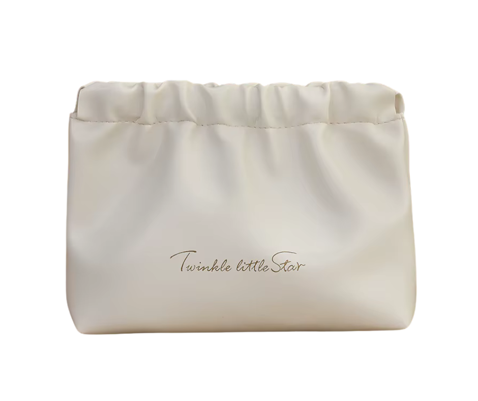White makeup pouch with 'Twinkle little Star' text on a white background