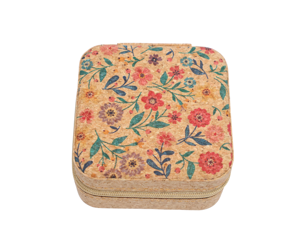 Square cork jewellery box with floral pattern on a white background