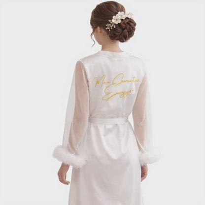 Main Character Energy: Feather Sleeve Bridal Robe with Statement Back Print